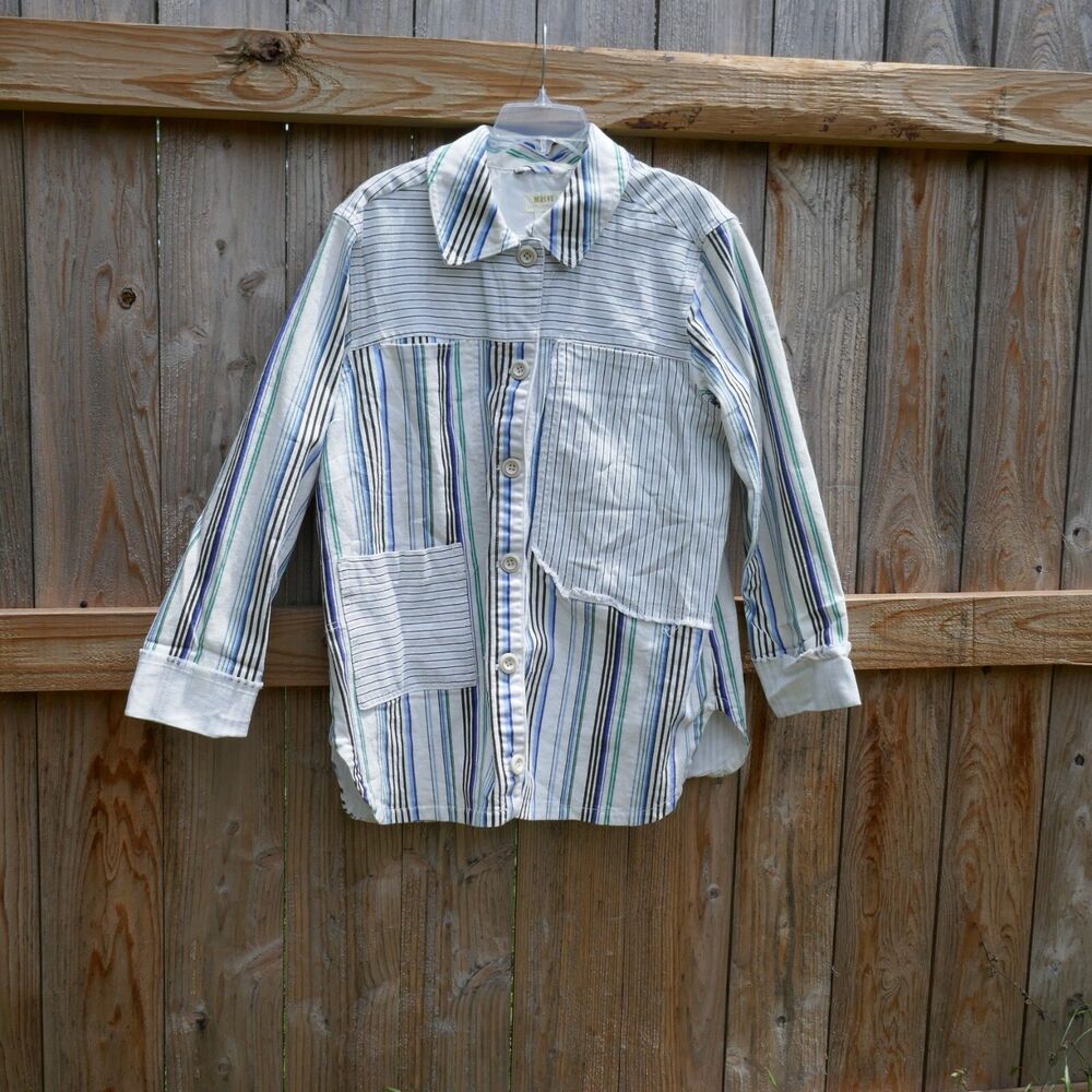 Anthropologie Maeve Striped Shirt Jacket Shacket Cotton Spandex Pocket Large - Picture 7 of 8